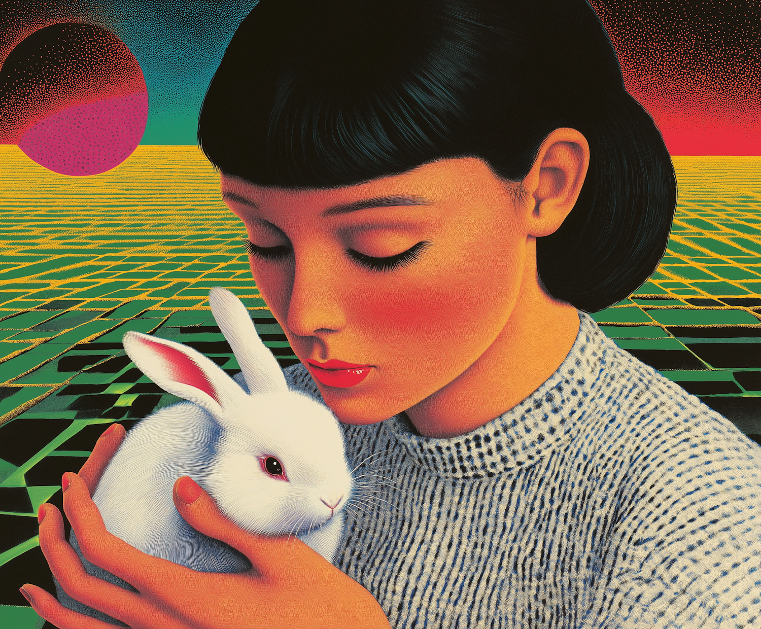 Serene Woman with Rabbit Illustration