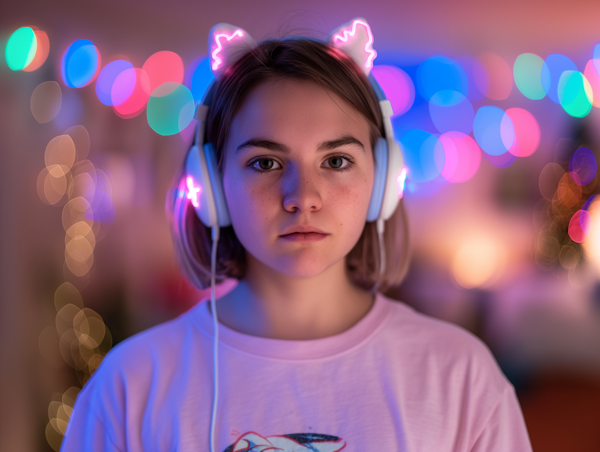 Serious Young Girl with Glowing Headphones