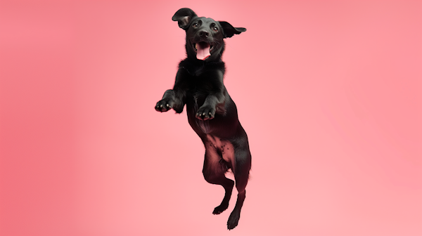 Mid-Air Black Dog on Pink Background