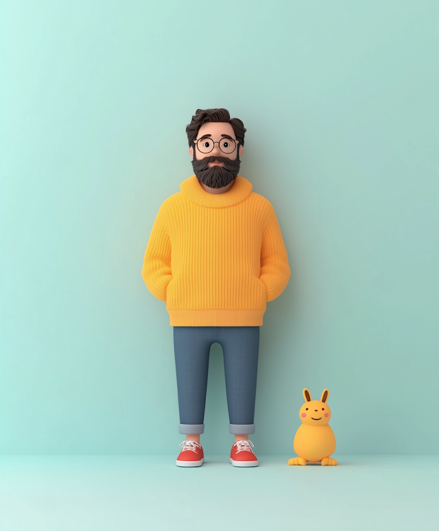 Stylized Man and Cartoon Rabbit