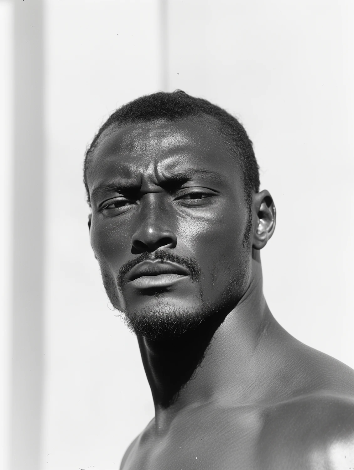 A black and white portrait of a man with a steady gaze