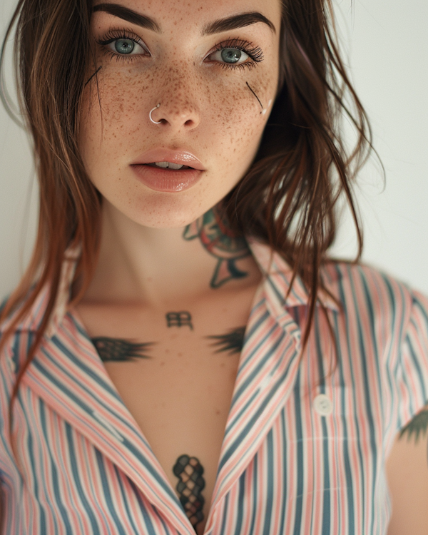 Portrait of a Tattooed Woman with Freckles