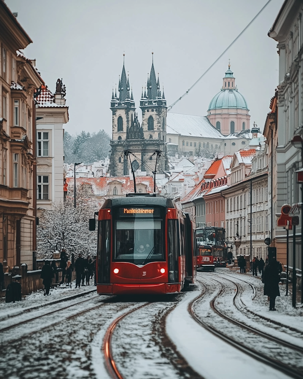 Winter Tram in European City