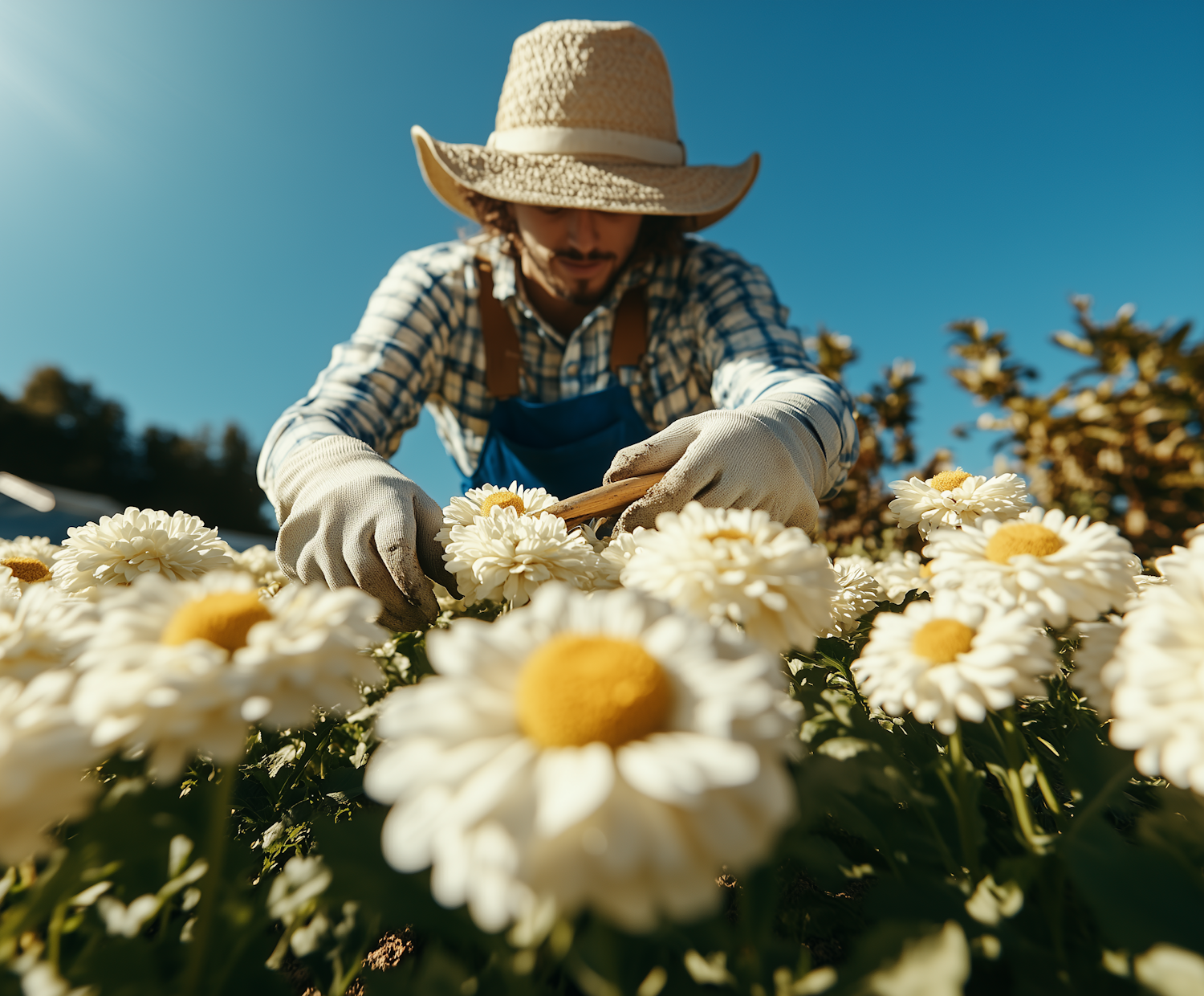 Farmer Tending to Daisies in Field