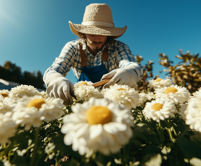 Farmer Tending to Daisies in Field