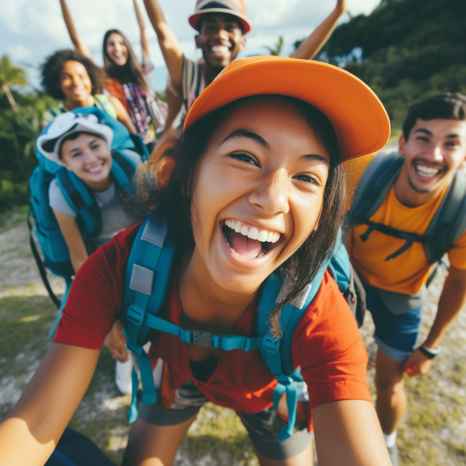 Diverse Hikers' Joyful Summit Selfie