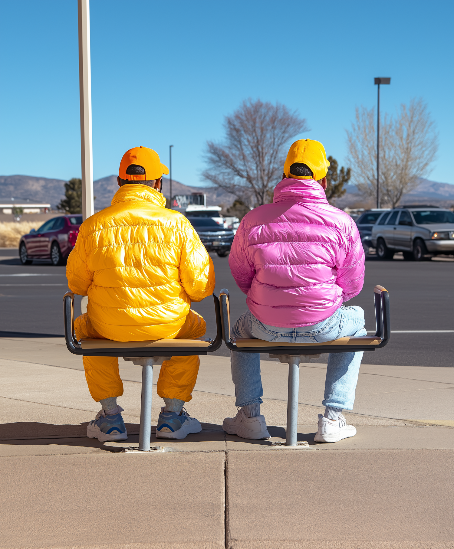 Colorfully Clothed Individuals on Outdoor Bench