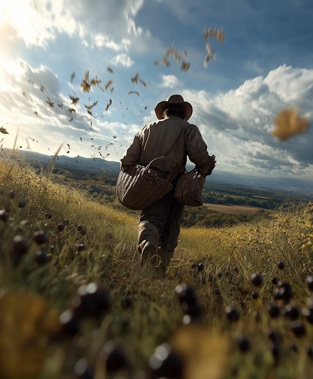 Person Walking Through Field with Baskets