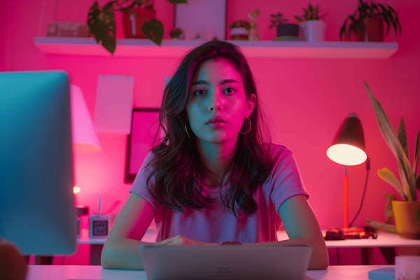 Thoughtful Woman in Vibrant Home Office