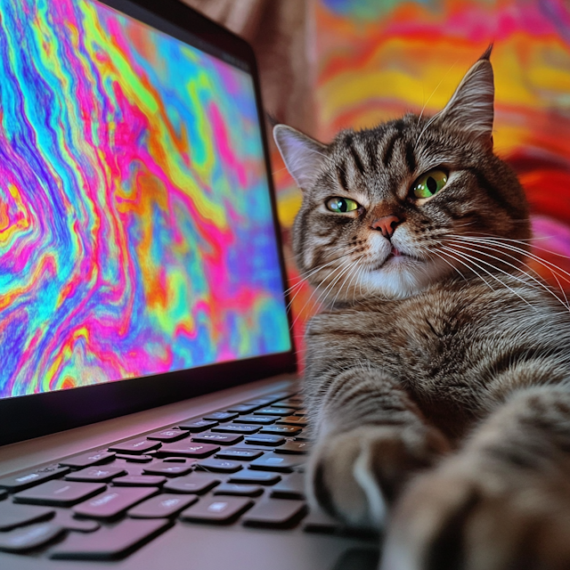 Curious Cat with Psychedelic Laptop