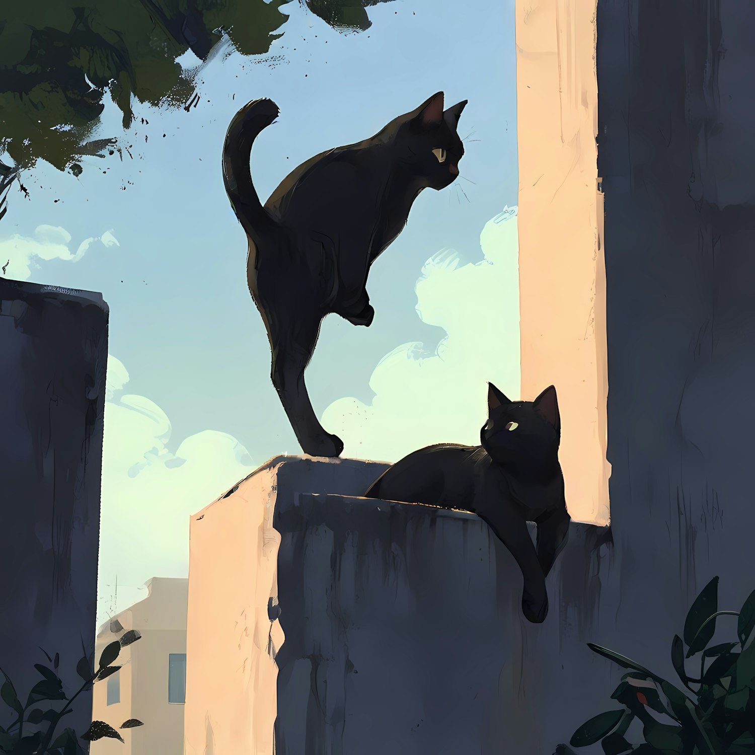 Cats on Sunlit Wall