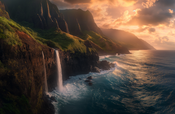 Golden Sunset Cliffs with Ocean Waterfall