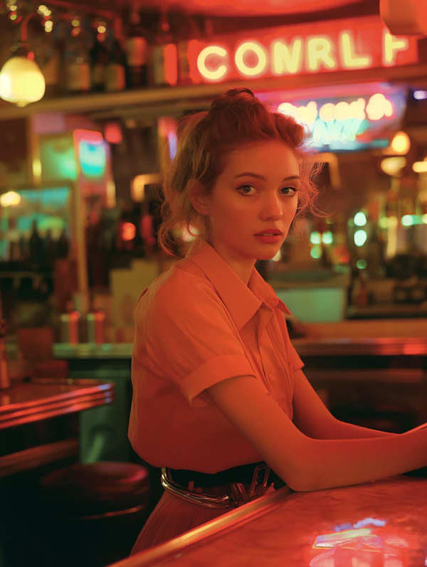 Elegant Woman at the Bar with Neon Lights