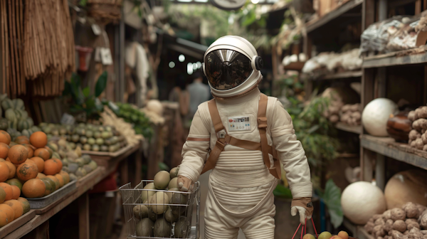 Astronaut Shopping in a Traditional Marketplace