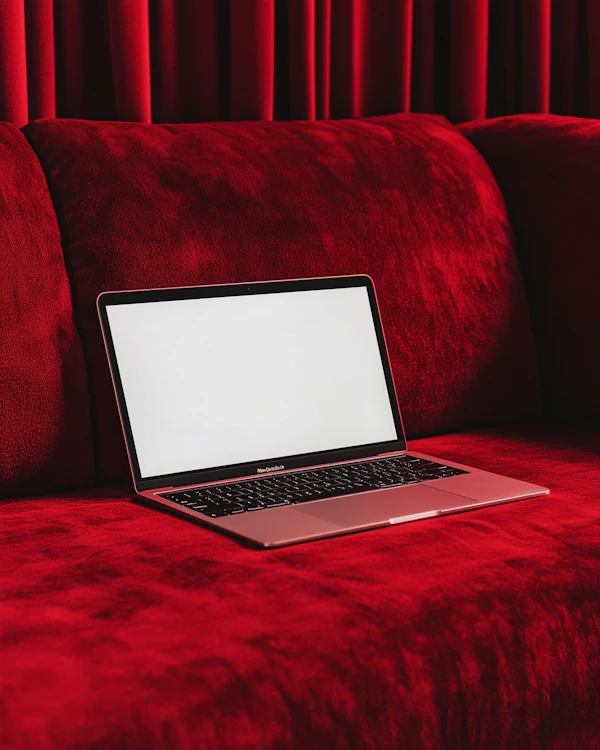 Laptop on Red Sofa