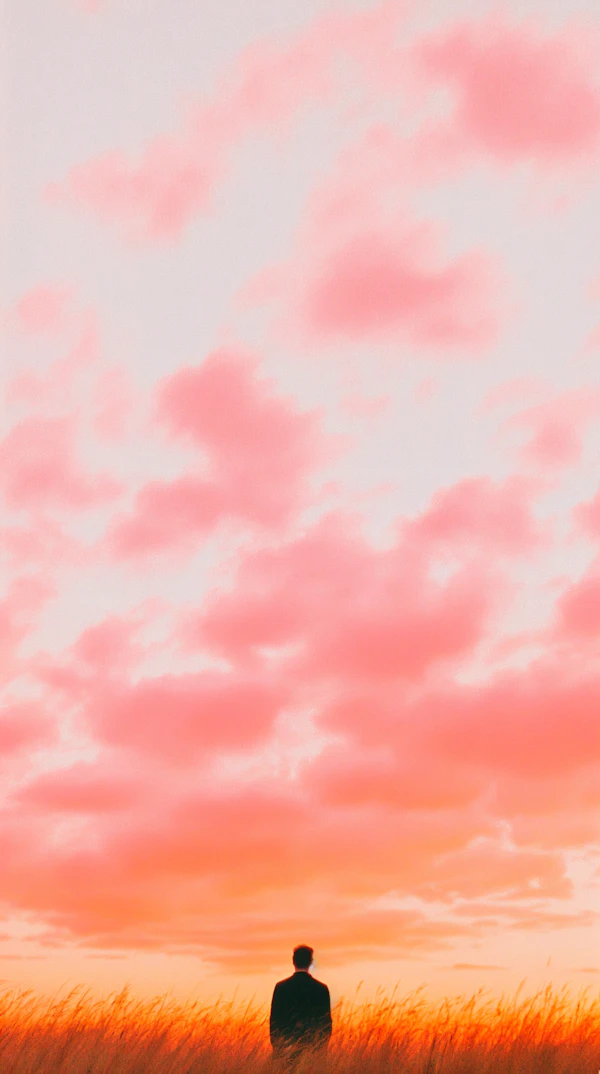 Solitary Figure in Field at Sunset