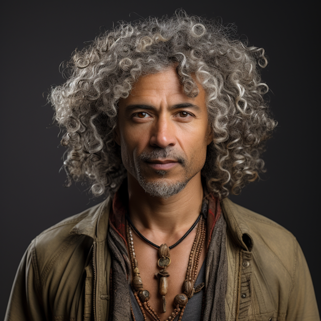 Confident Curly Haired Man with Salt-and-Pepper Charm