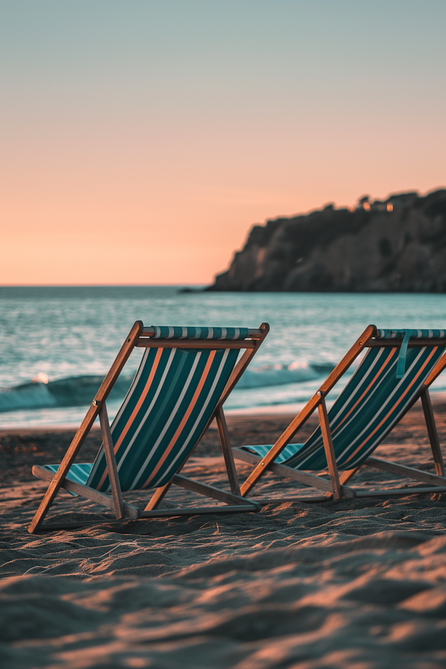 Serene Beach Sunset with Deck Chairs