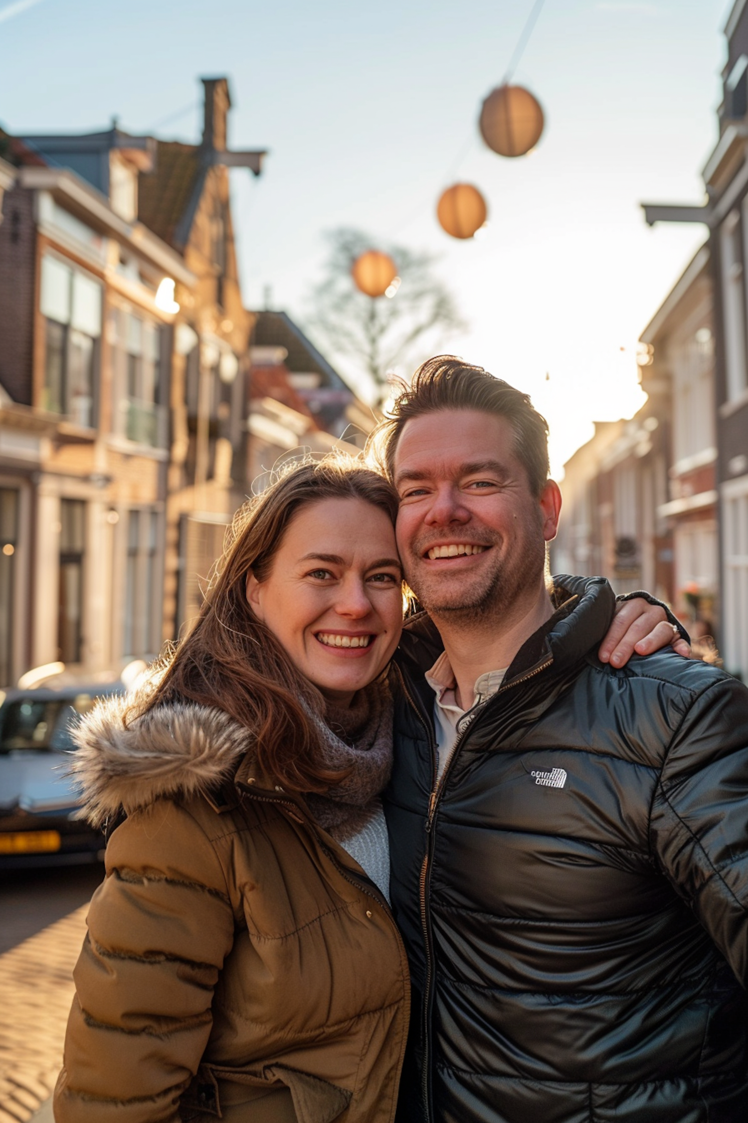 Cheerful Couple Embracing on Sunlit Street