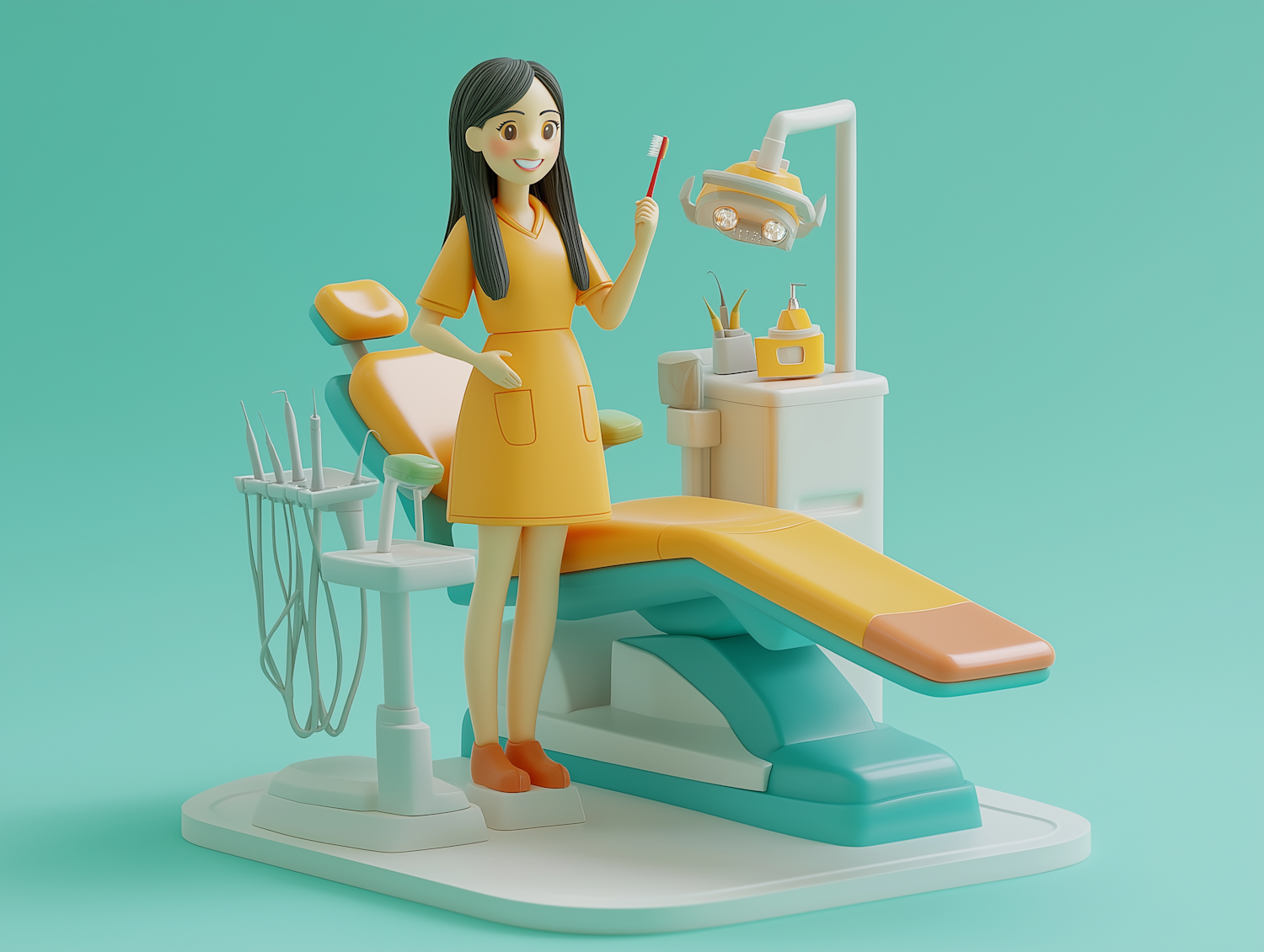 Stylized 3D Illustration of Female Dentist in Clinic