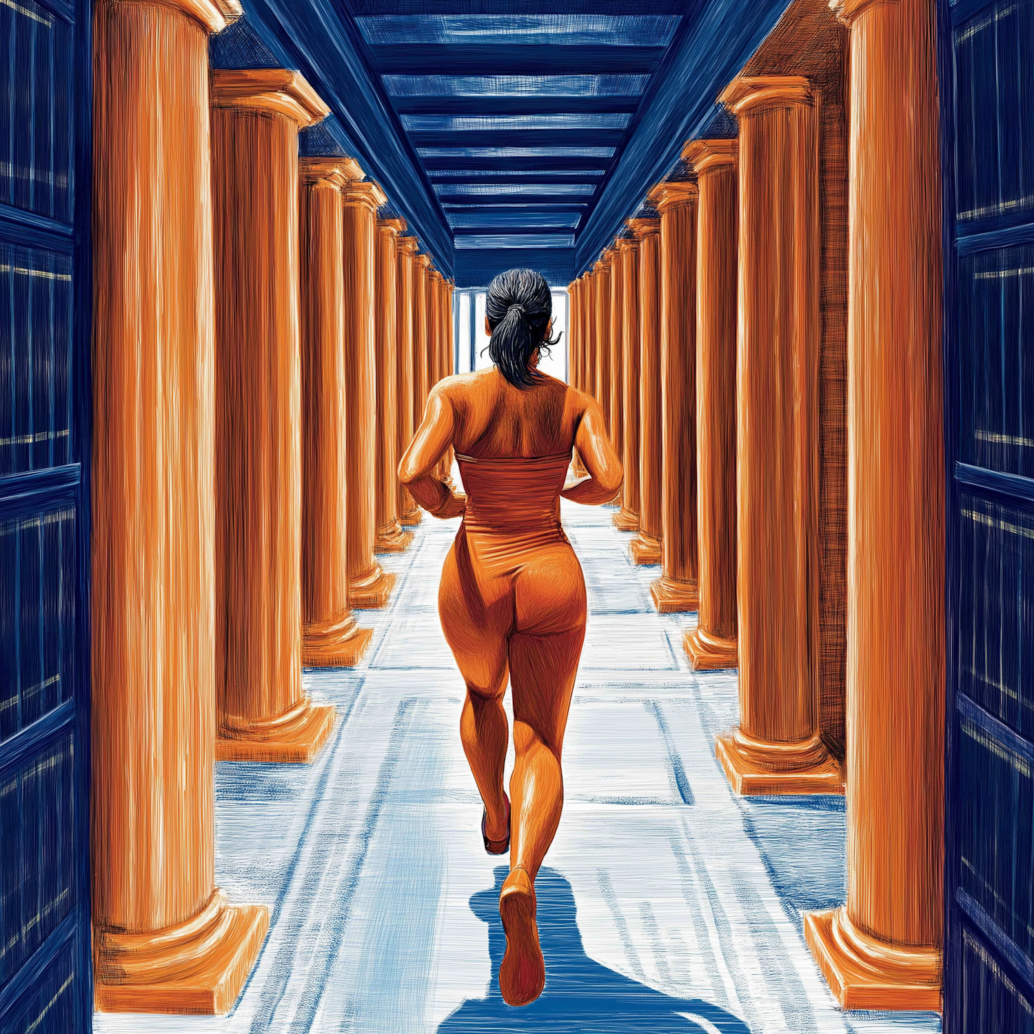 Woman Running Through Columned Hallway