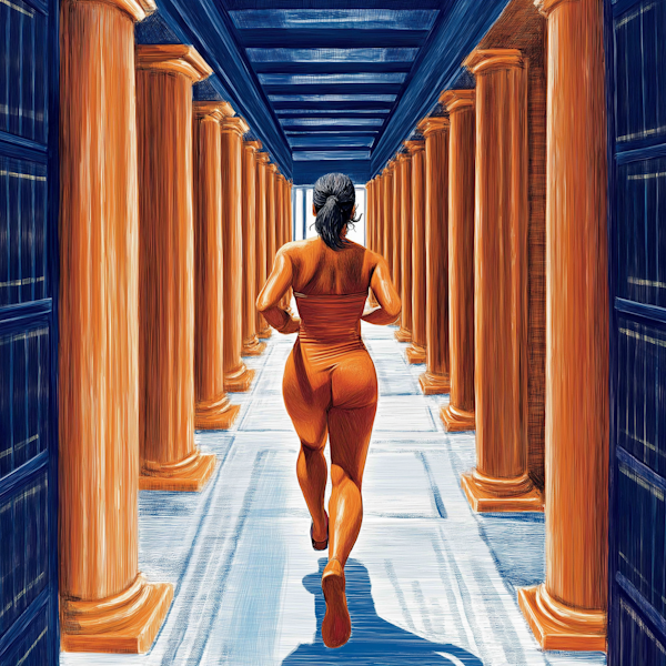 Woman Running Through Columned Hallway