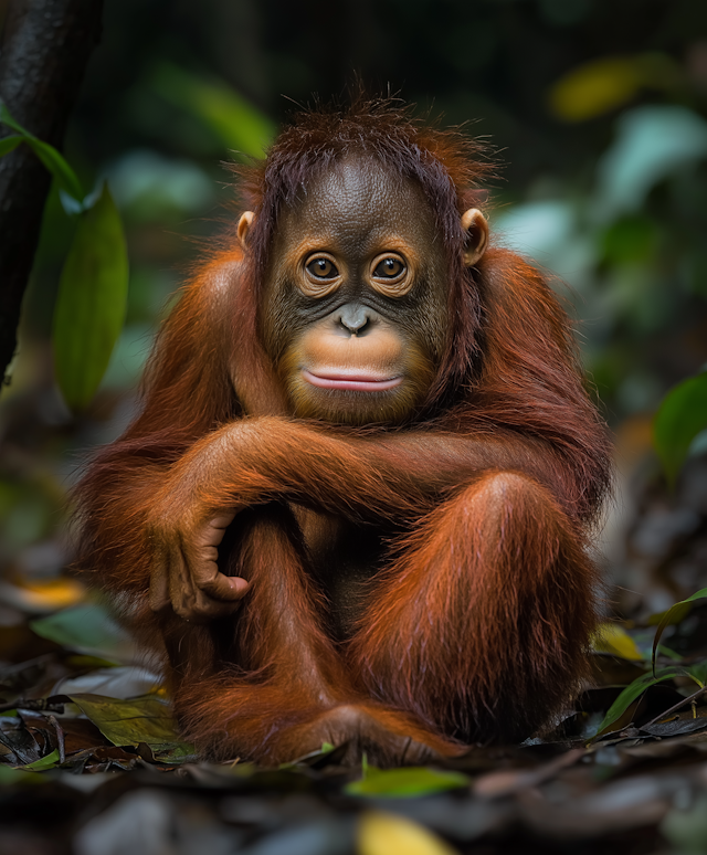 Pensive Young Orangutan in Woodland