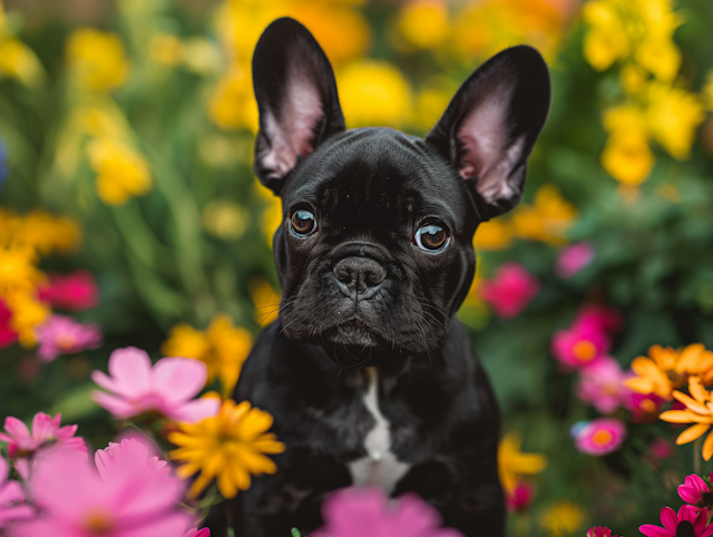 Black French Bulldog Puppy in Flower Garden