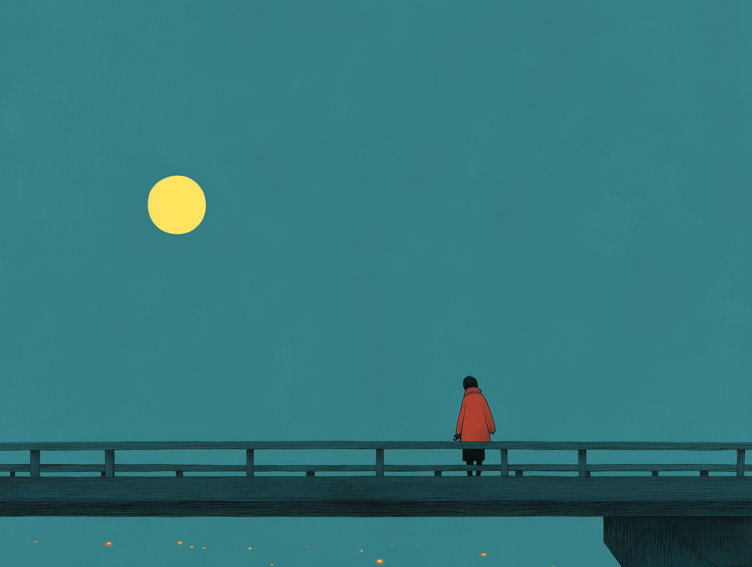 Solitary Figure on Bridge with Moon