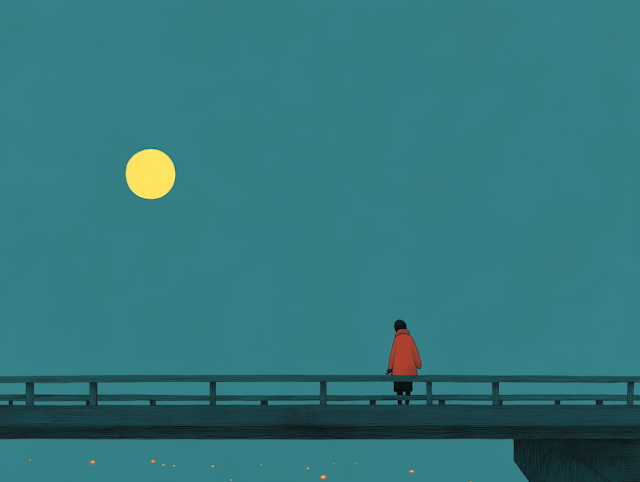 Solitary Figure on Bridge with Moon