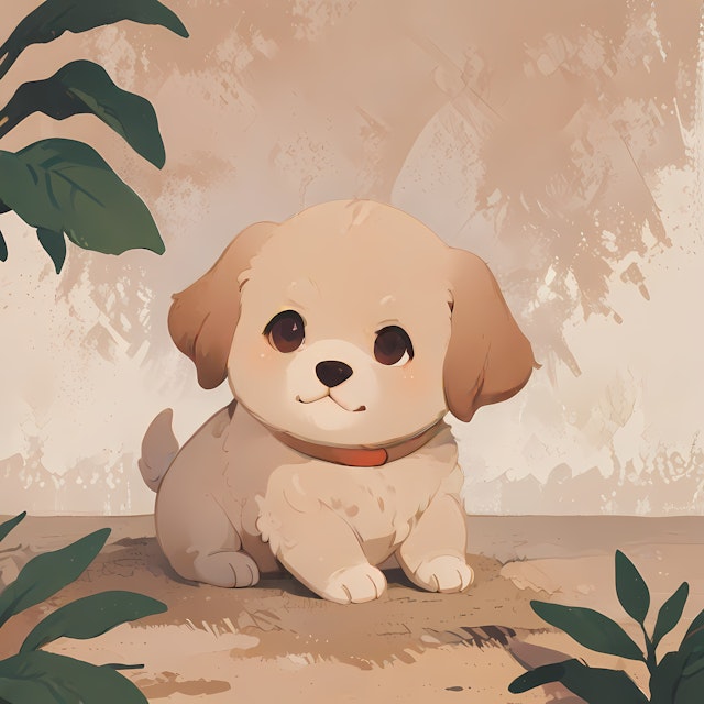 Cartoon Puppy with Leaves