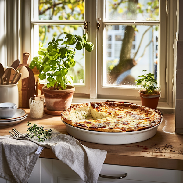 Warm Kitchen Scene with Freshly Baked Quiche