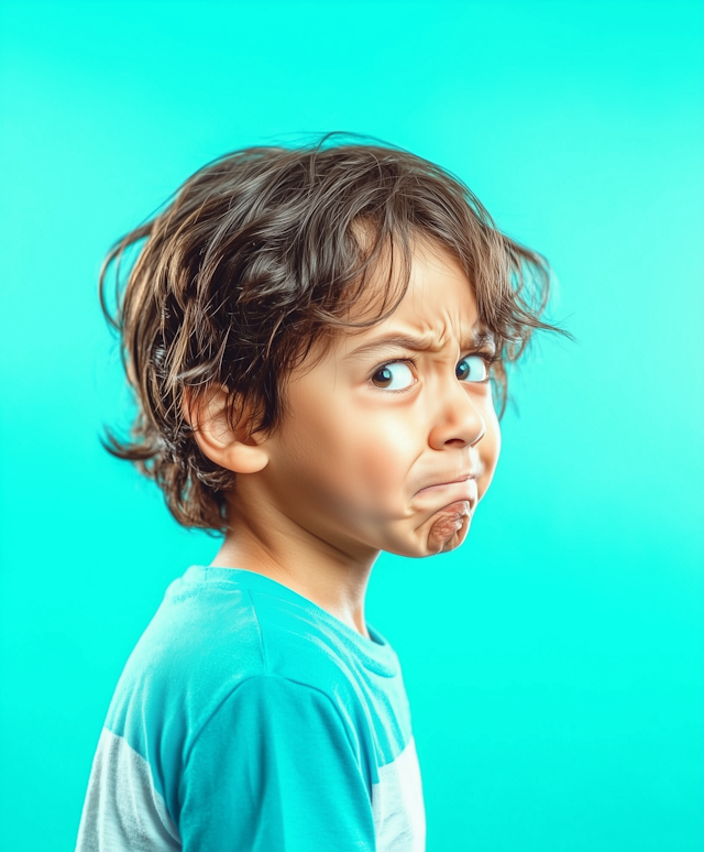 Expressive Young Boy on Teal Background