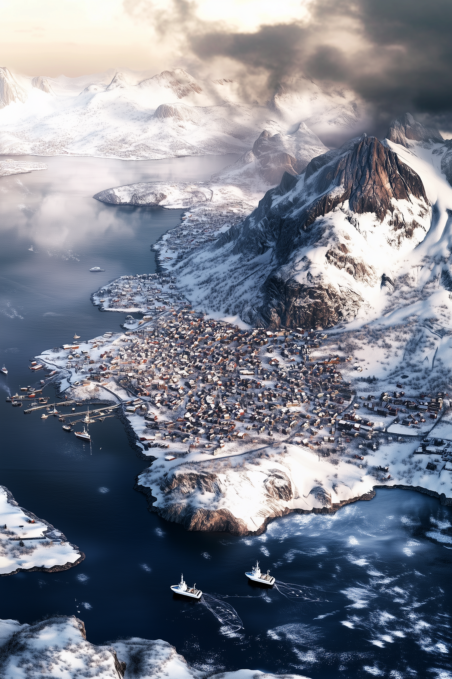 Aerial View of Snow-Covered Coastal Town