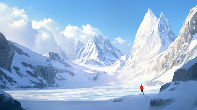 Solitary Adventurer in Snowy Mountain Landscape