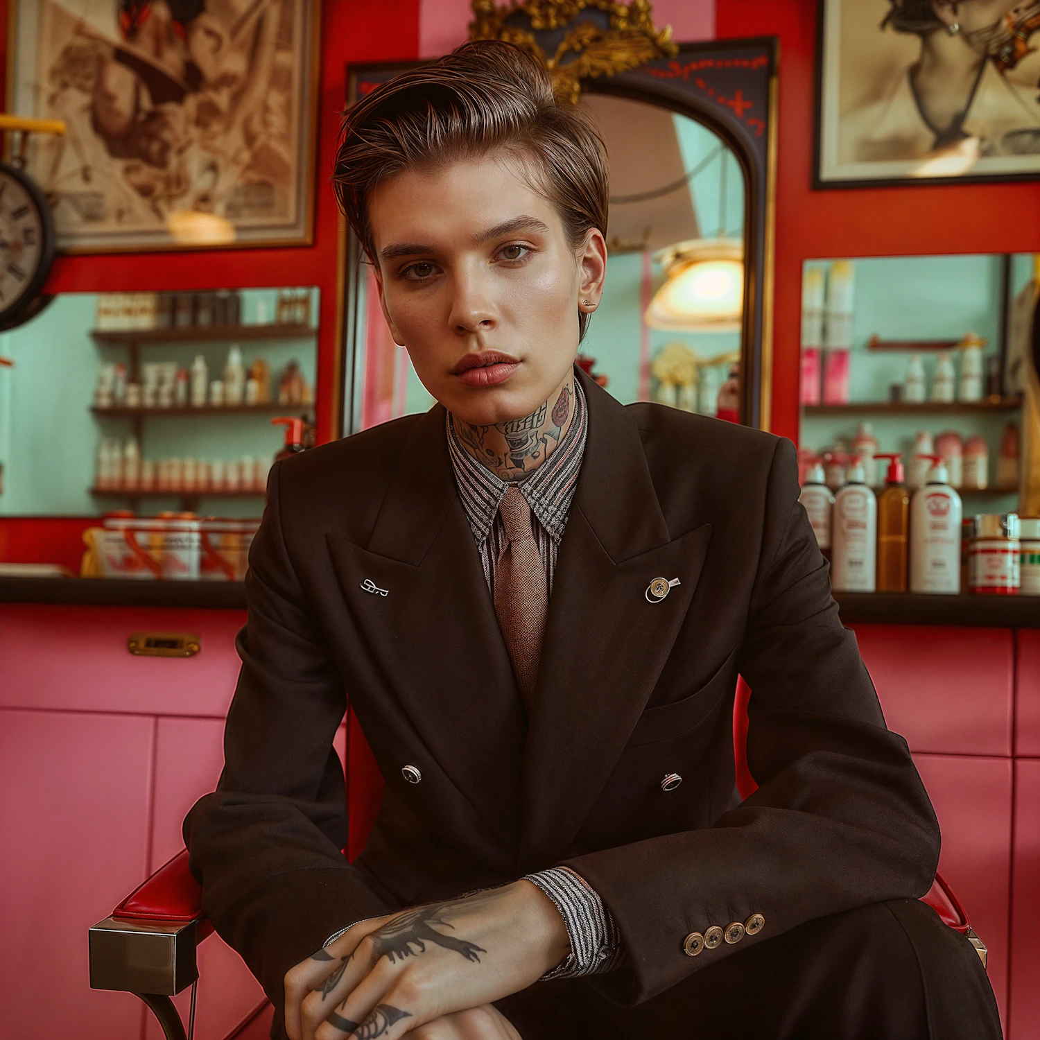 Man with a fresh slicked-back cut seated in a barber chair in a vintage barbershop