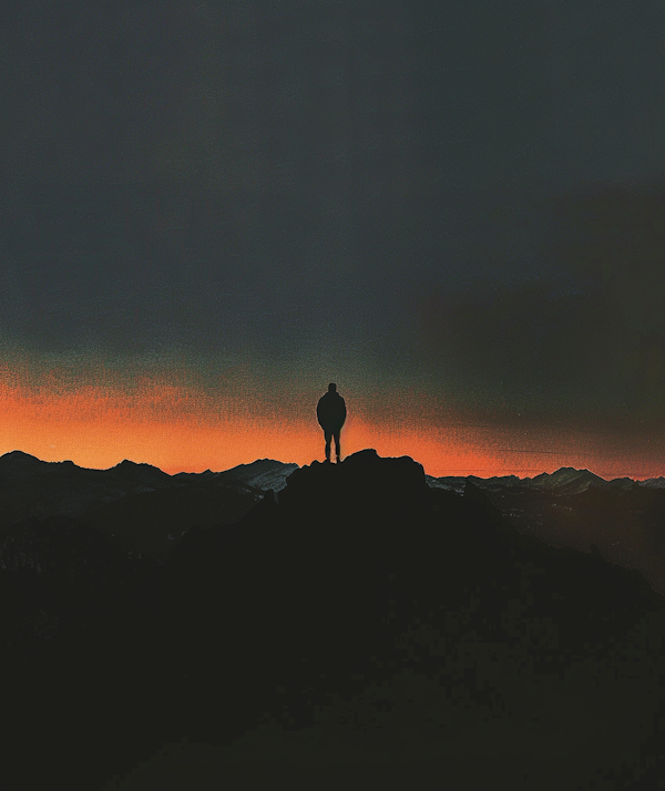 Contemplative Silhouette on Mountain Peak at Twilight