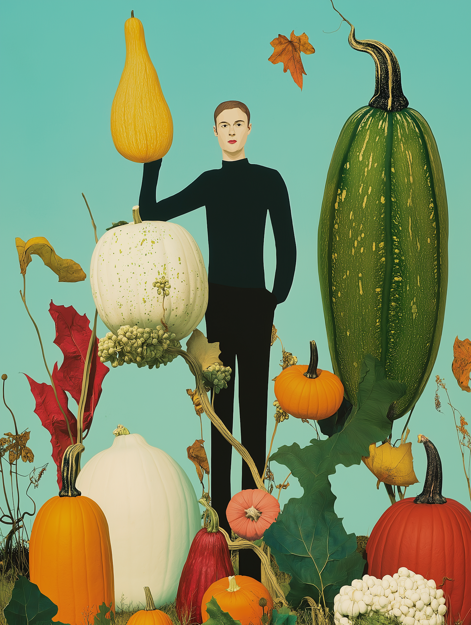 Person with Gourds and Pumpkins