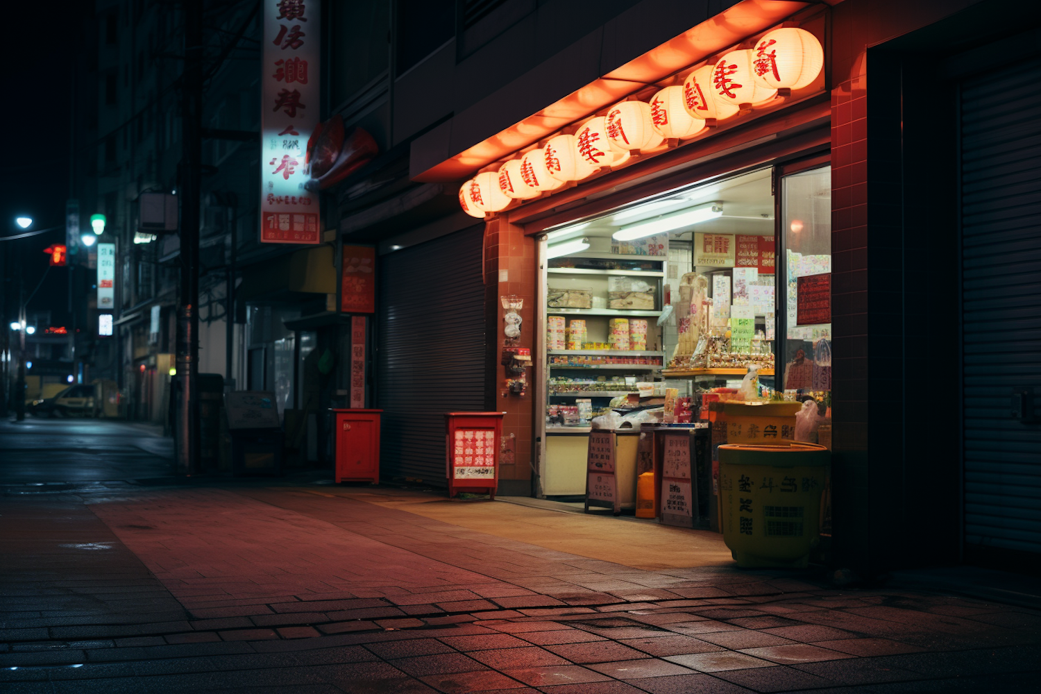 Evening Glow at the Asian Lantern-Lit Storefront