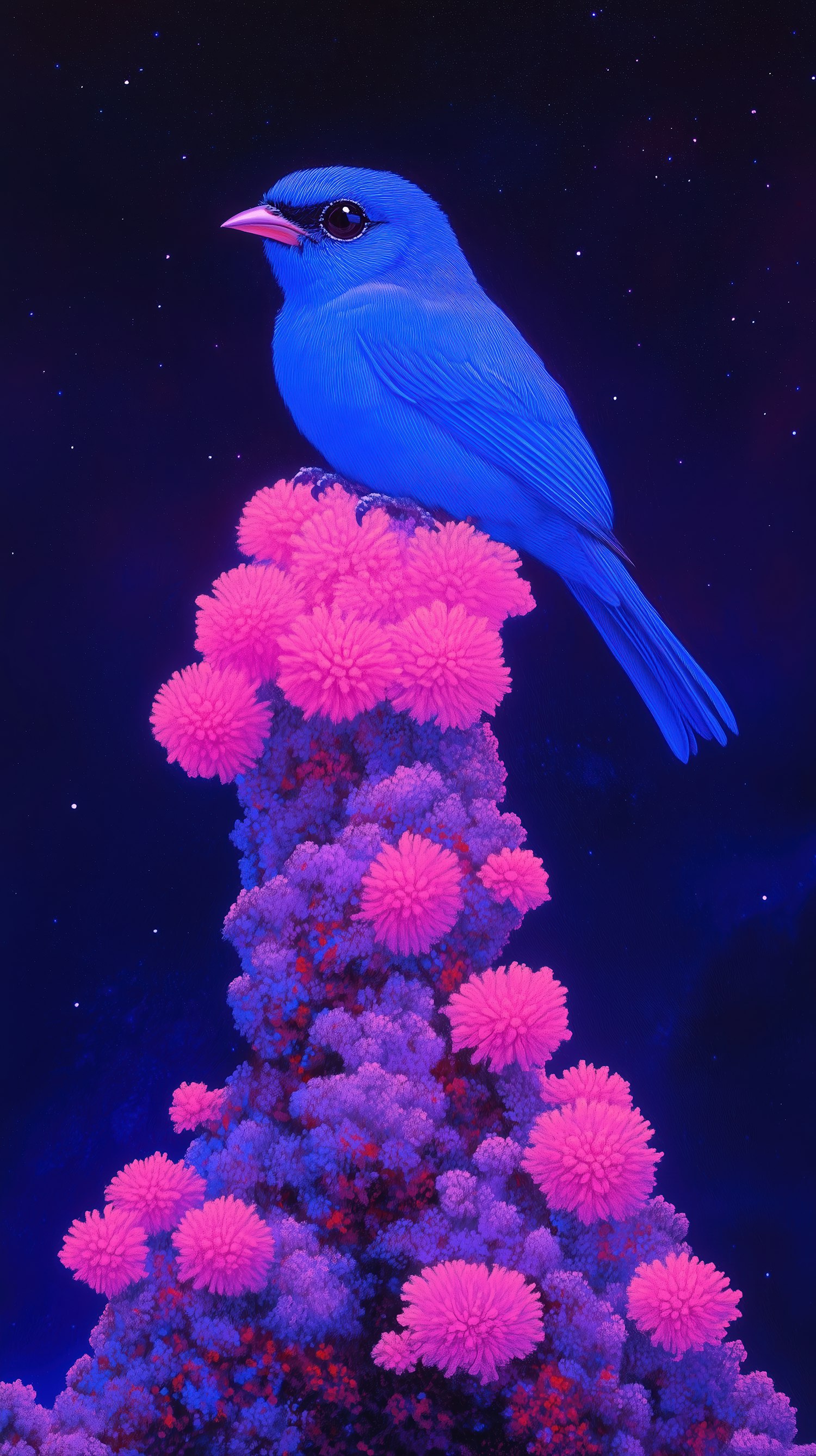 Blue Bird on Pink Flowers