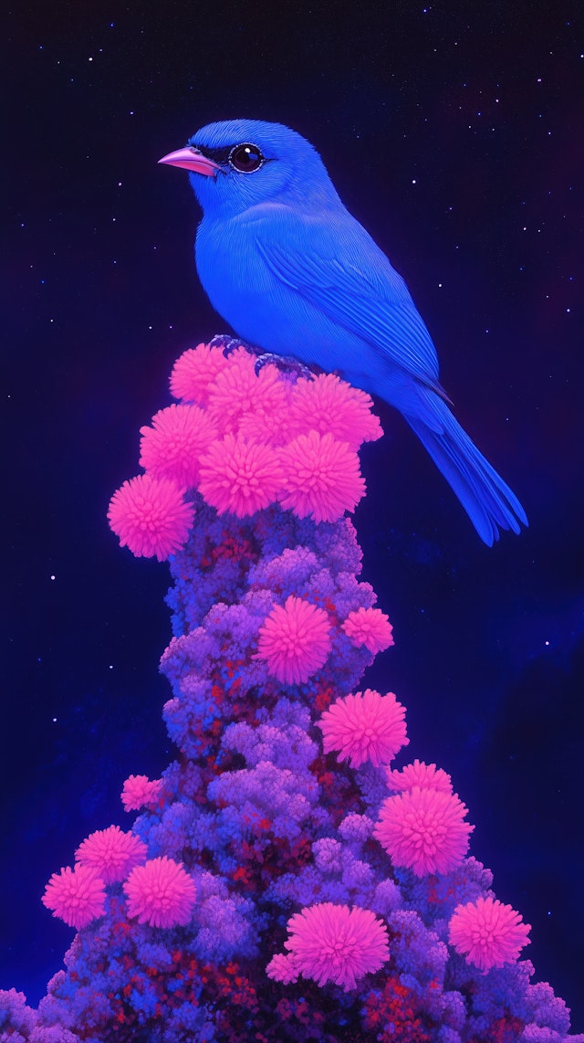 Blue Bird on Pink Flowers