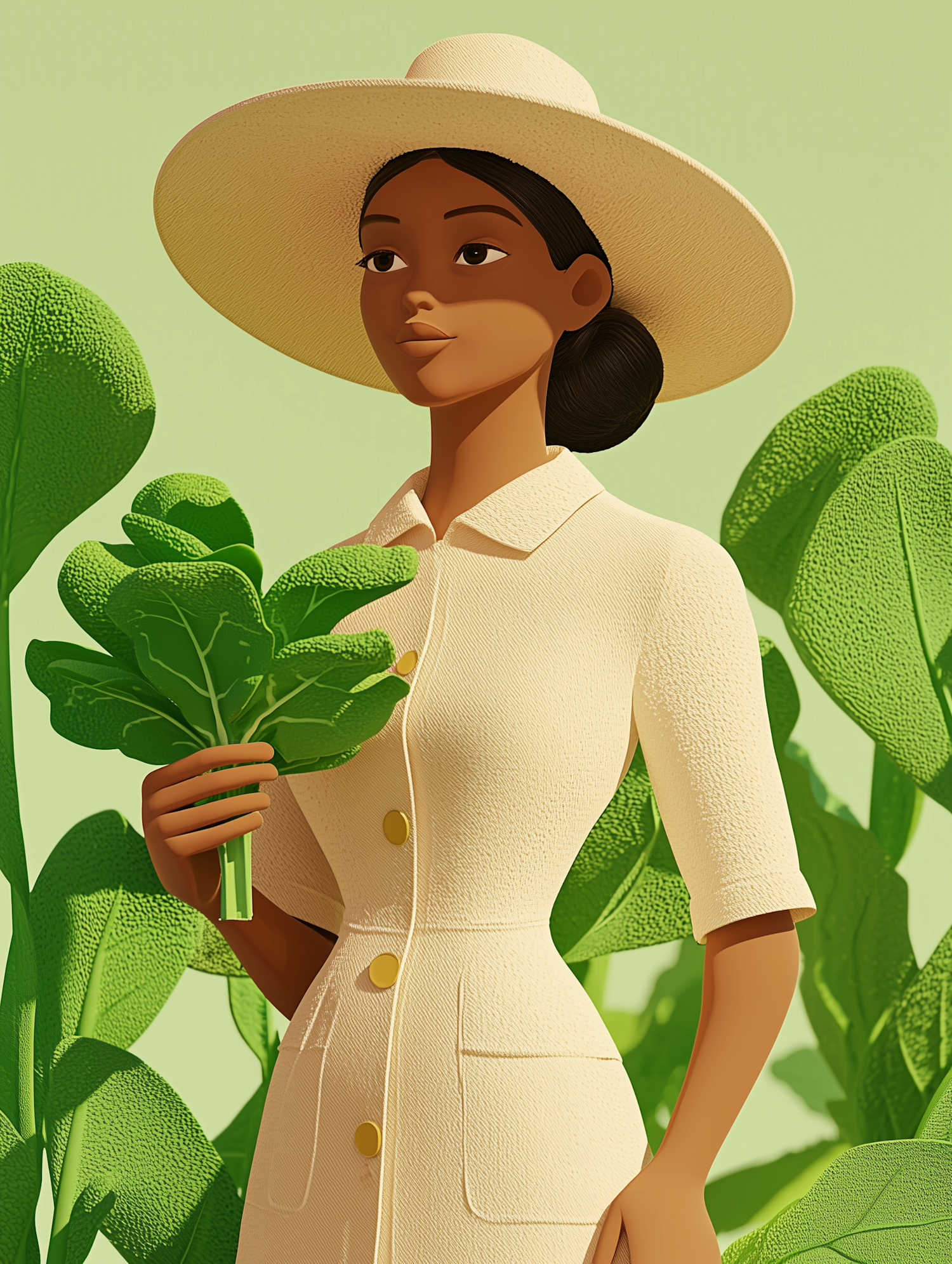 Woman in Nature with Leafy Greens