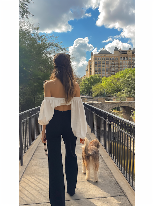 Woman and Dog on City Bridge