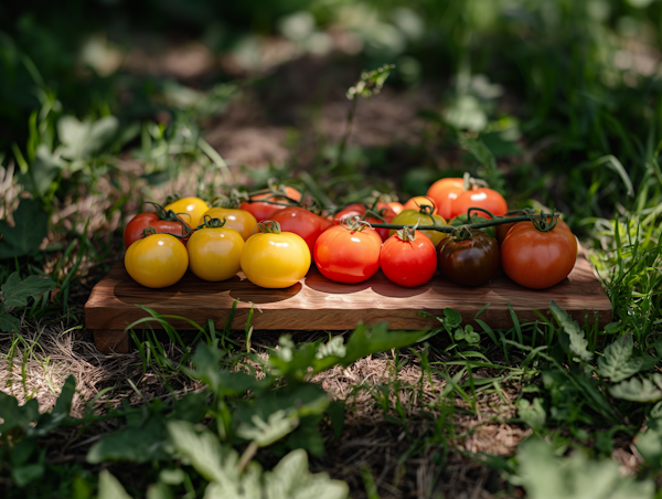 Vibrant Tomatoes on Wooden Board in Garden