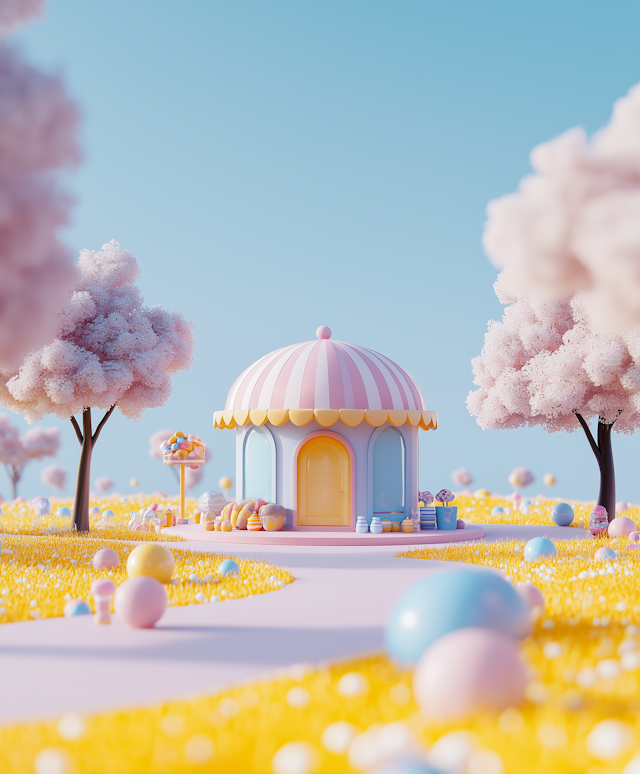 Candy-Striped Kiosk in Surreal Landscape