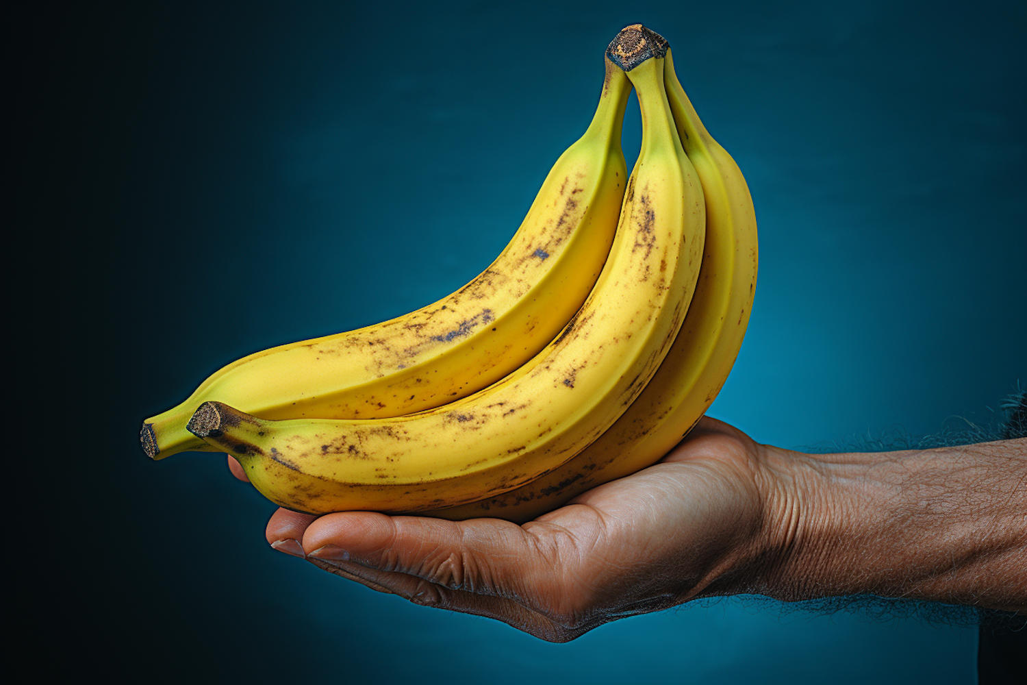 Mature Hand Presenting Ripe Bananas Against Blue Background