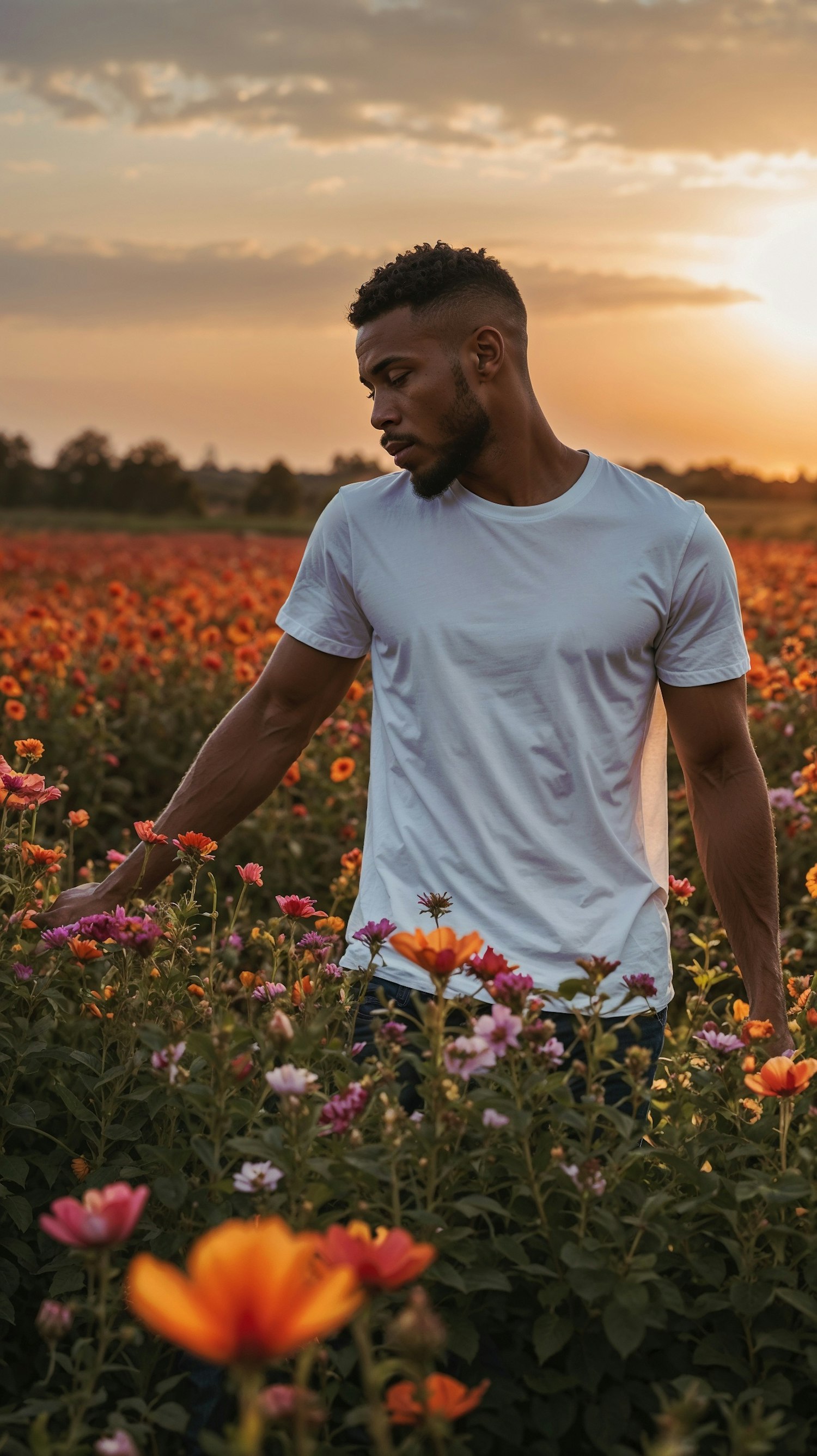 Man in Field of Flowers at Sunset