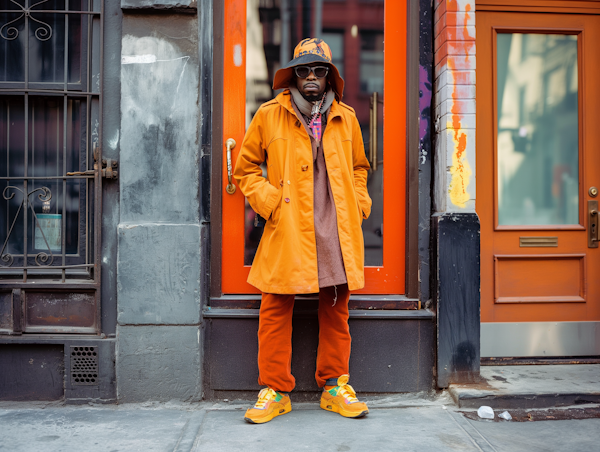 Man in Vibrant Orange Attire on Urban Sidewalk
