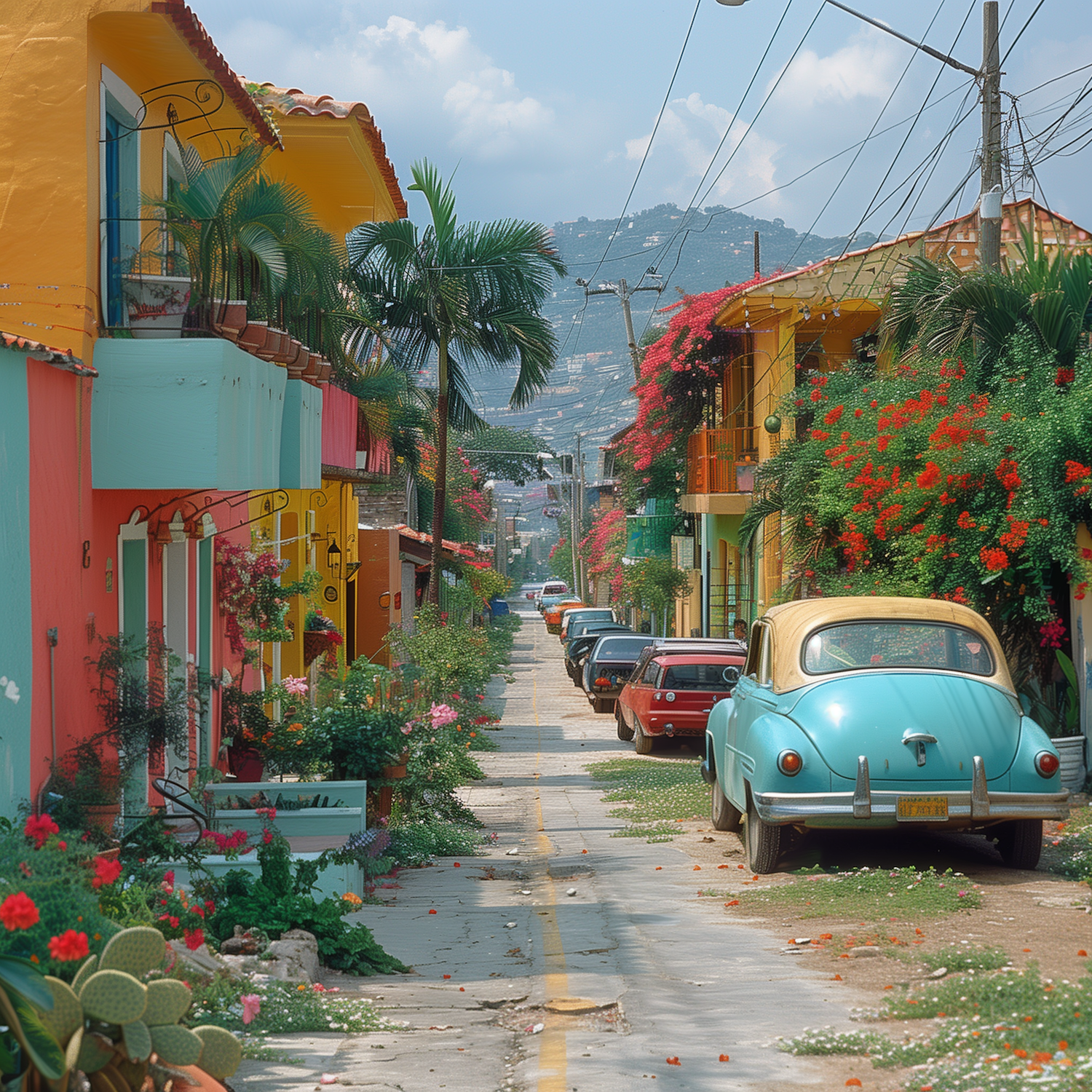 Colorful Street Scene with Vintage Car