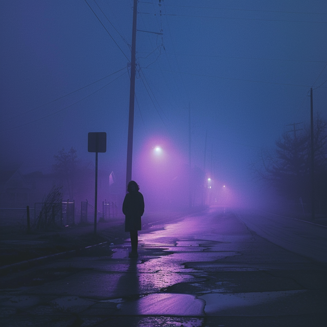 Solitary Figure on a Foggy Street at Night